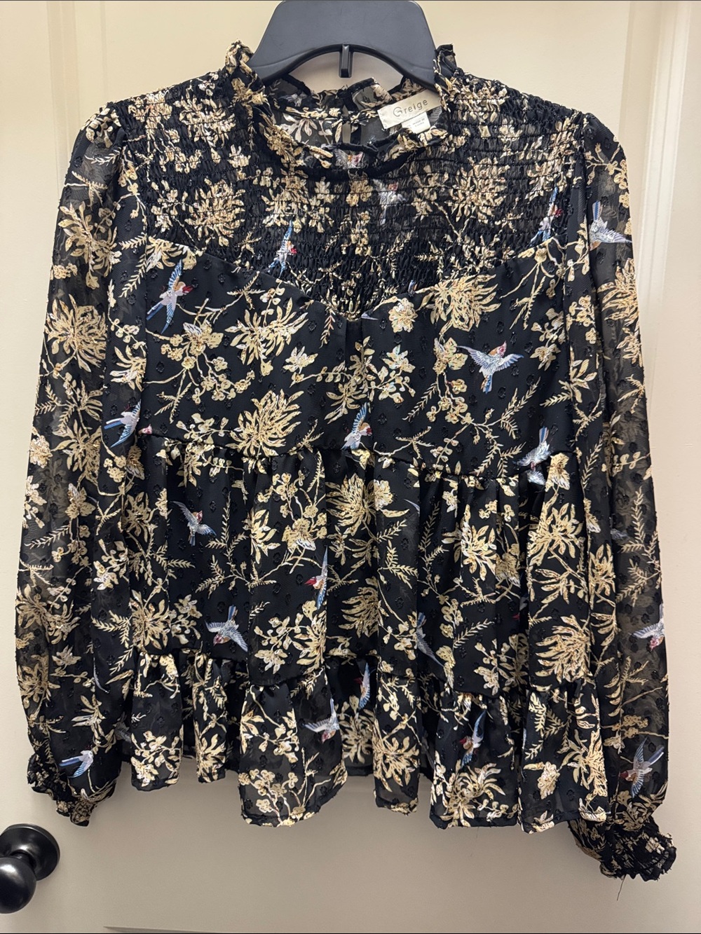 Greige Black Floral & Bird Smocked-Neck Blouse